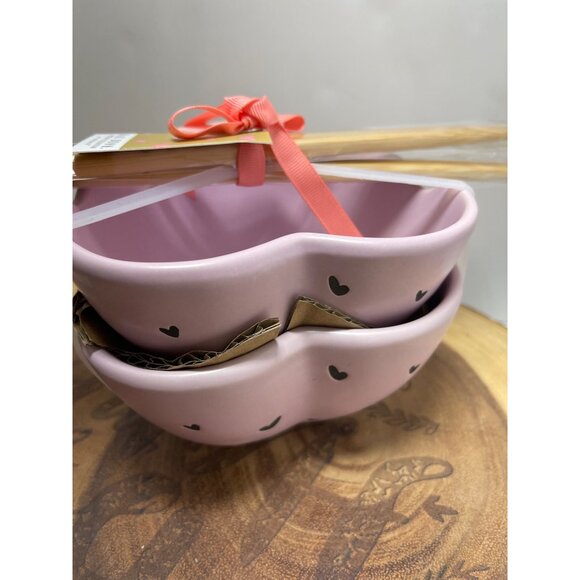 Rae Dunn Ramen Heart-Shaped Pink Ceramic Bowl Set By W/ Bamboo Chopsticks - Picture 7 of 8